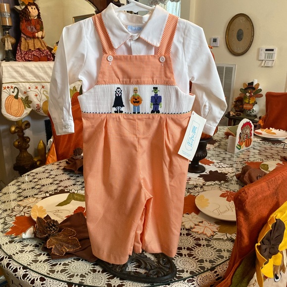 NWT Vive La Fete Smocked Infant Boys Halloween theme Longall size 12 months - Picture 5 of 16